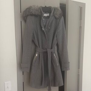 Calvin Klein Gray Faux Fur-Trimmed Coat, S